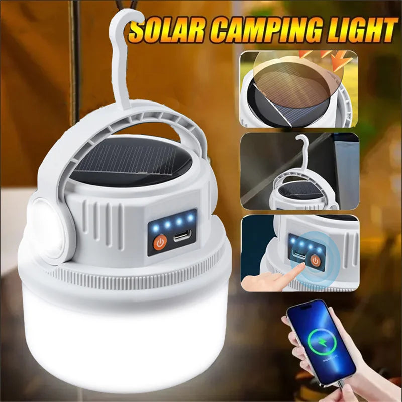 Lampe solaire de camping multifonction étanche – USB-C, LED d’ambiance avec crochet