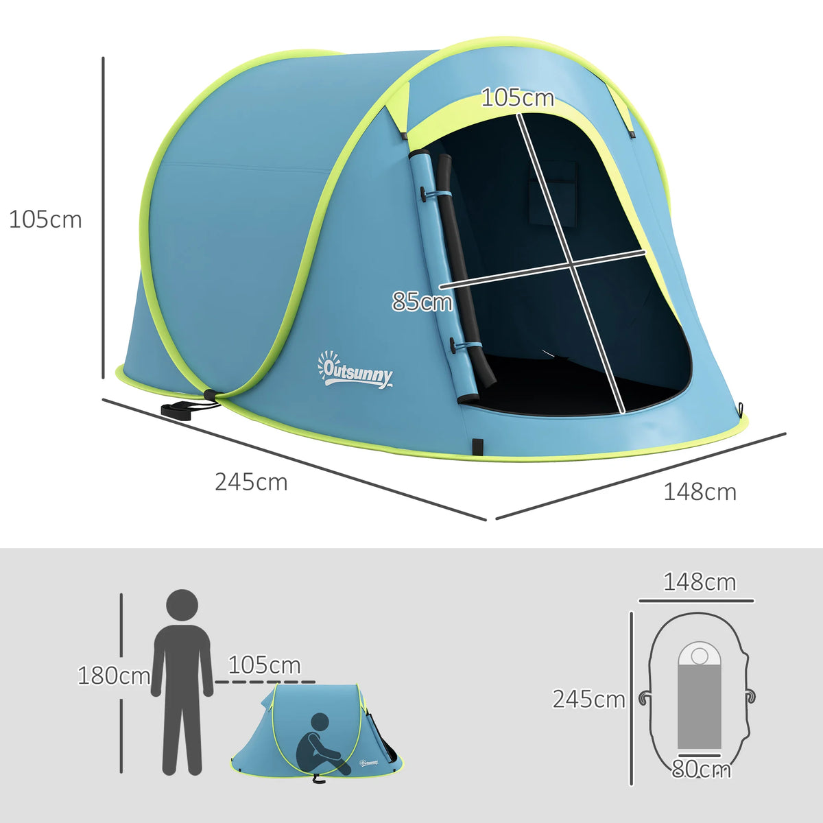 Tente Pop-Up Familiale 2–3 Personnes – 245 × 148 × 105 cm
