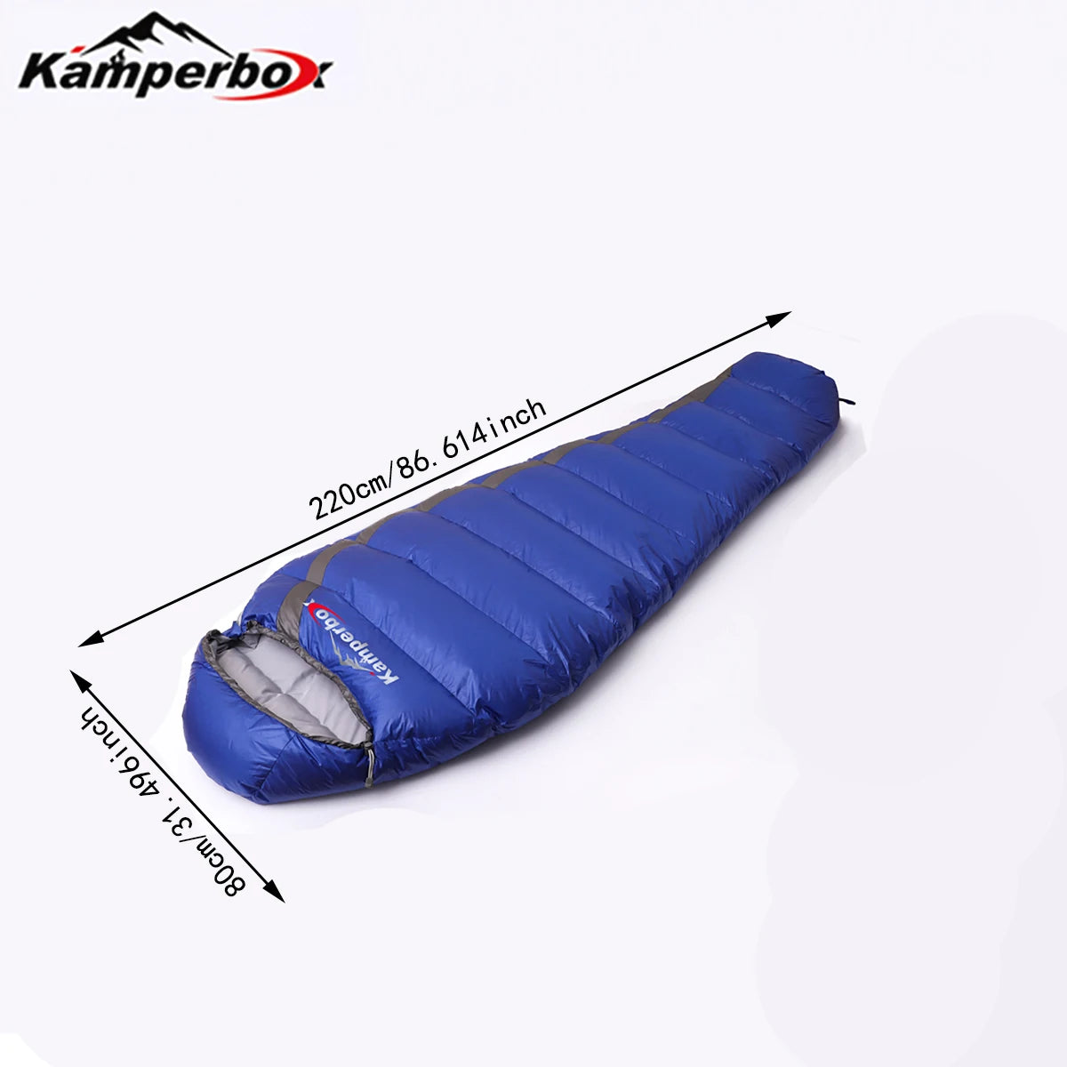 Sac Kamperbox Cozy bleu avec schéma de dimensions.