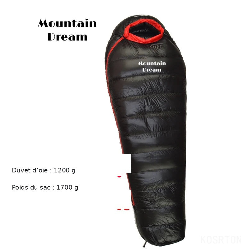 Sac de couchage en duvet d’oie : garnissage 1200 g, poids du sac 1700 g.
