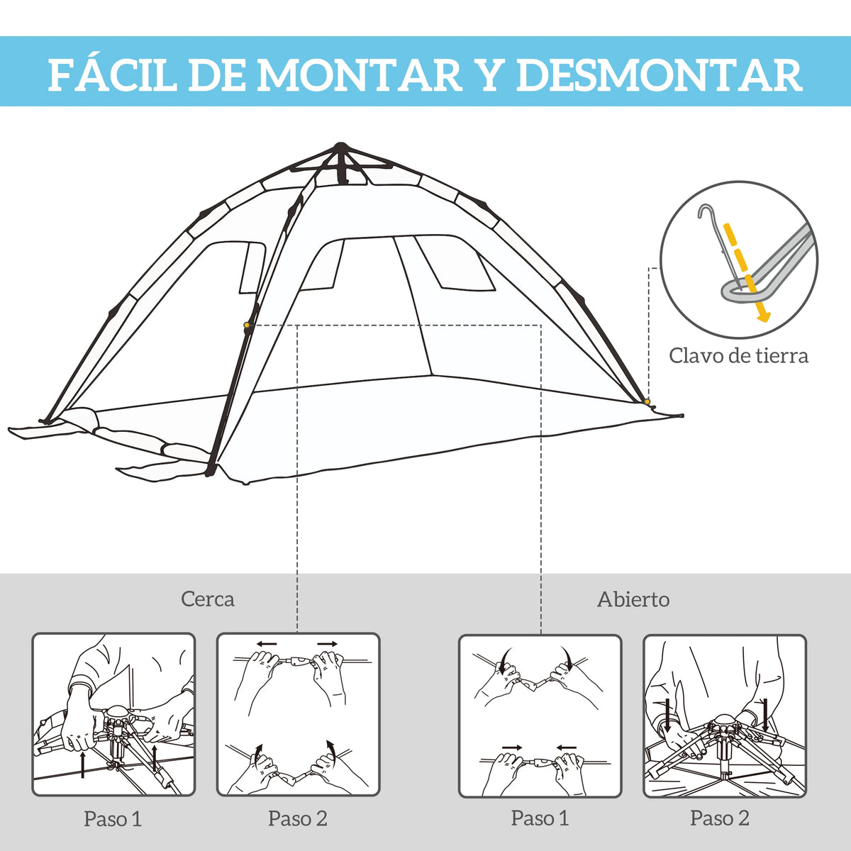 Tente de Plage Pop-Up Outsunny 2 Personnes – 2 Portes & 2 Fenêtres – 220 × 173 × 120 cm