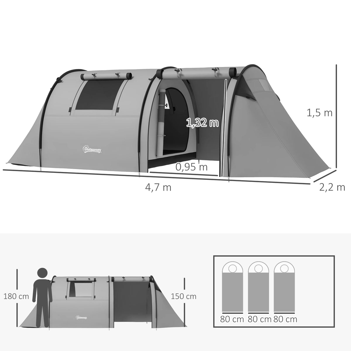 Tente de Camping Outsunny 3 Personnes – 2 Espaces, Imperméable 3000 mm – 470 × 220 × 150 cm