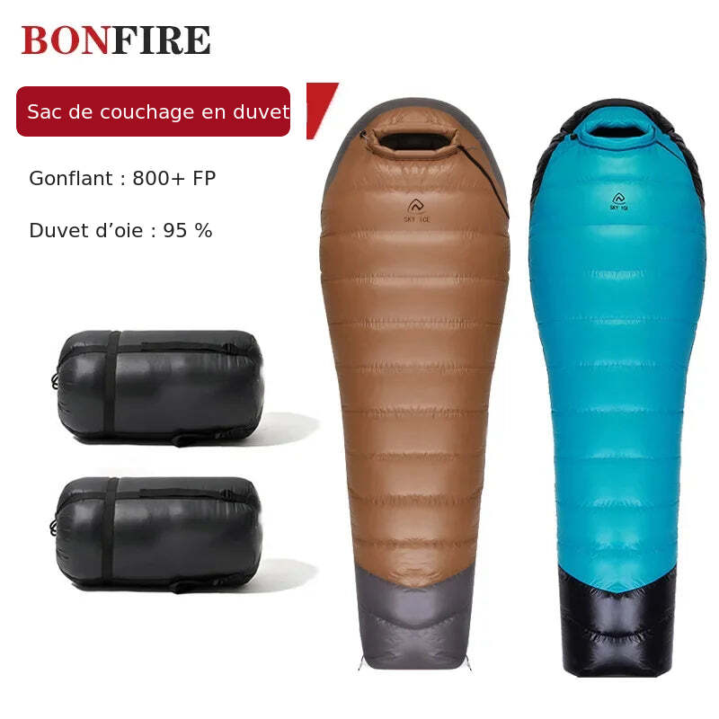 Sac de couchage en duvet d’oie blanc, avec gonflant annoncé 800+ FP et duvet annoncé à 95 %.