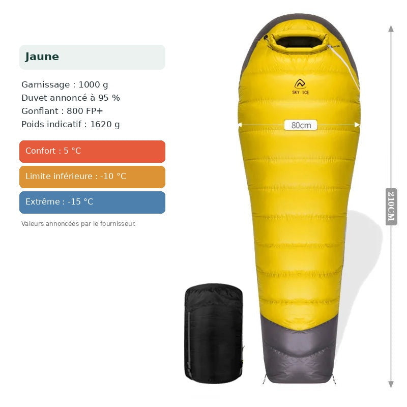 Sac de couchage jaune, duvet d’oie 1000 g, gonflant annoncé 800 FP+, poids indicatif 1620 g.
