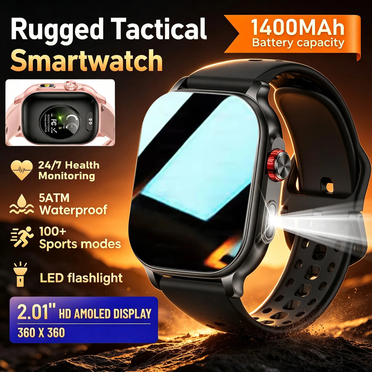 Montre outdoor AMOLED 2,01″ avec lampe LED et suivi sportif