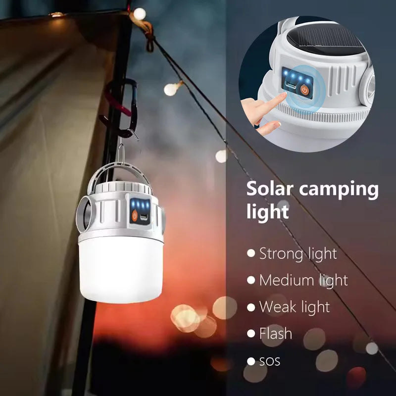 Lampe solaire de camping multifonction étanche – USB-C, LED d’ambiance avec crochet