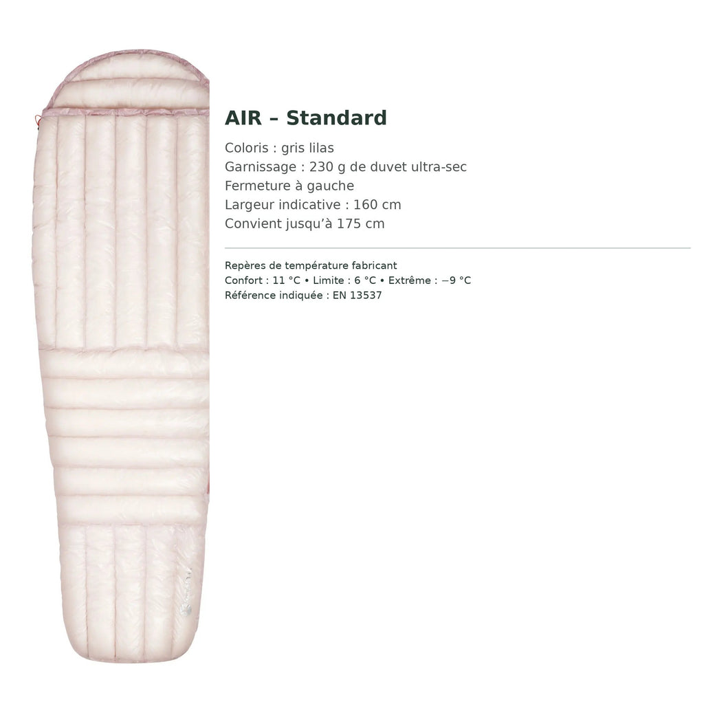 Sac AEGISMAX AIR standard : duvet ultra-sec 230 g, fermeture à gauche, taille et températures en français.