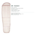 Sac AEGISMAX AIR standard : duvet ultra-sec 230 g, fermeture à gauche, taille et températures en français.