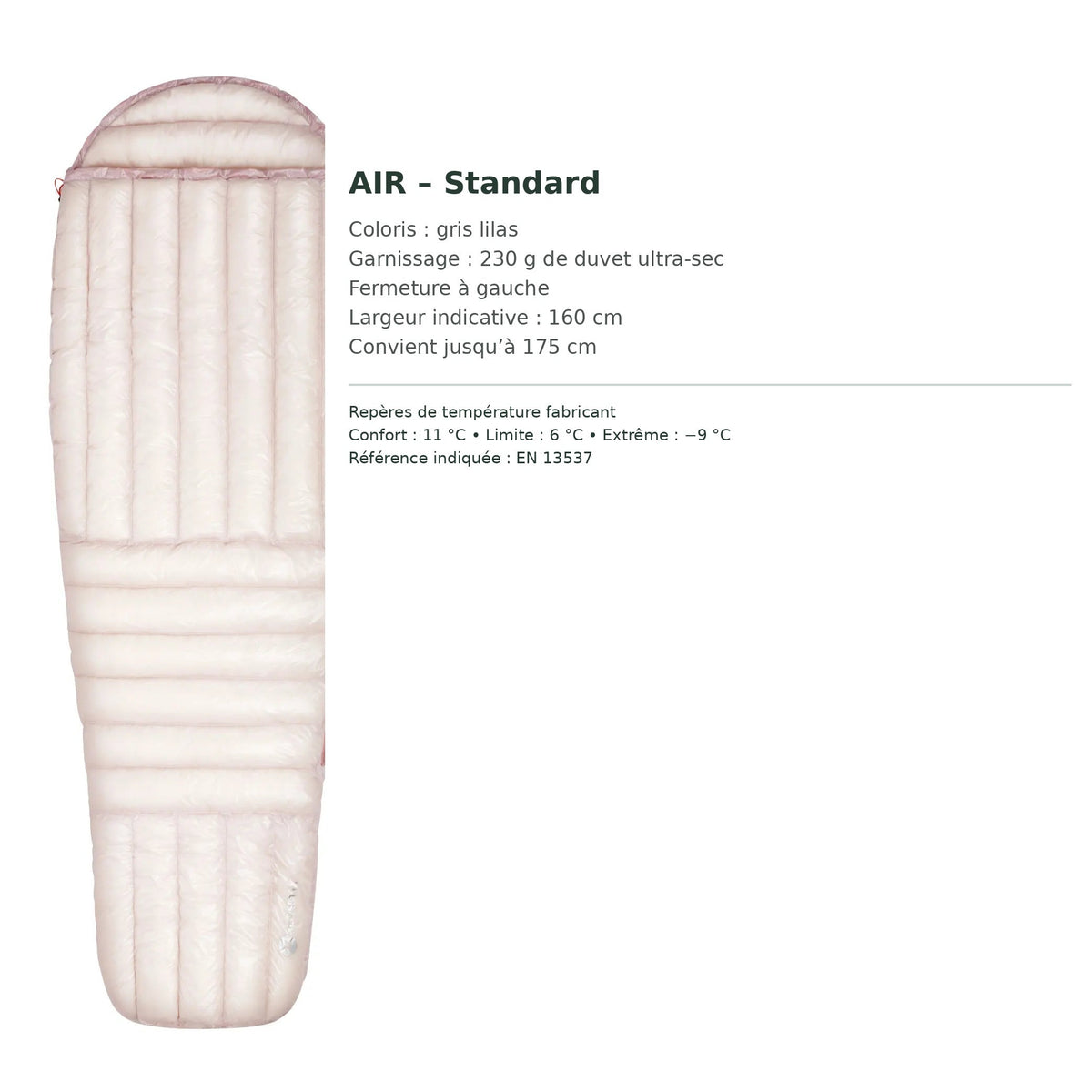 Sac AEGISMAX AIR standard : duvet ultra-sec 230 g, fermeture à gauche, taille et températures en français.