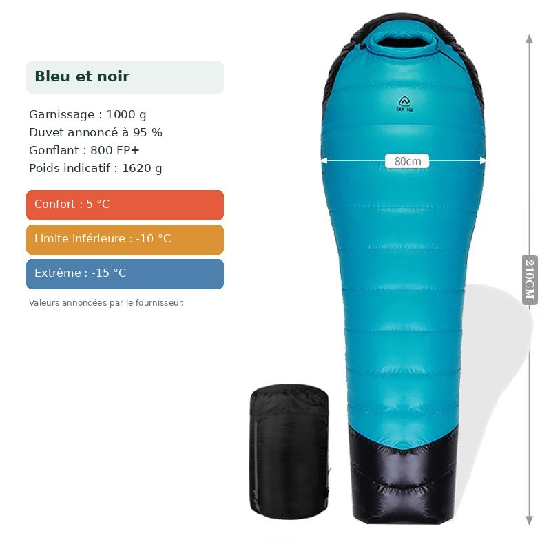 Sac de couchage bleu et noir, duvet d’oie 1000 g, gonflant annoncé 800 FP+, poids indicatif 1620 g.