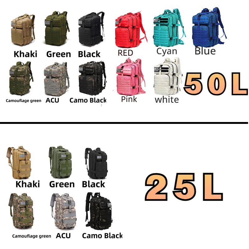 Sac à Dos de Randonnée 25 L / 50 L – Nylon Résistant à l’Eau & Système MOLLE