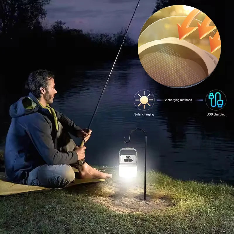 Lampe solaire de camping multifonction étanche – USB-C, LED d’ambiance avec crochet