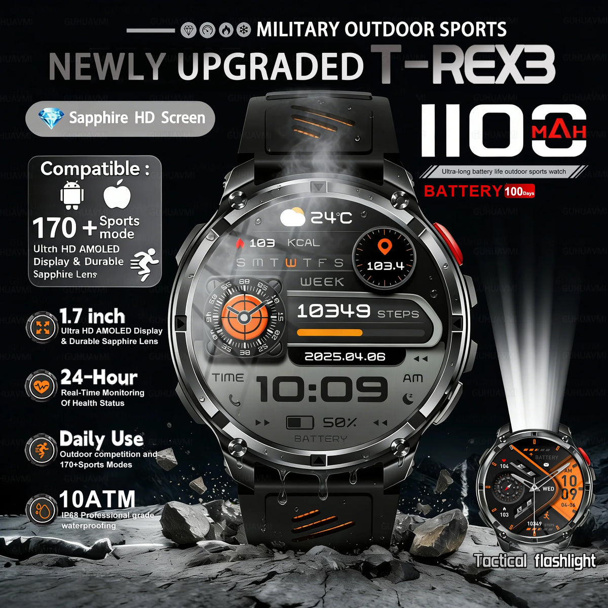 Montre outdoor robuste avec écran AMOLED et batterie 1 100 mAh