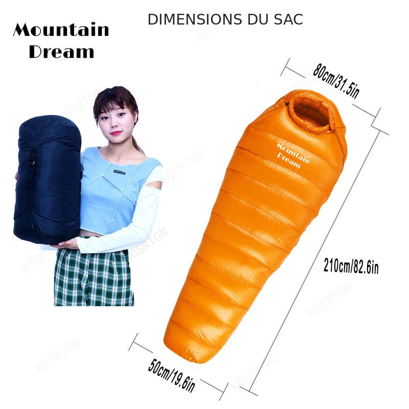 Dimensions du sac de couchage KOSRTON : 210 × 80 × 50 cm.