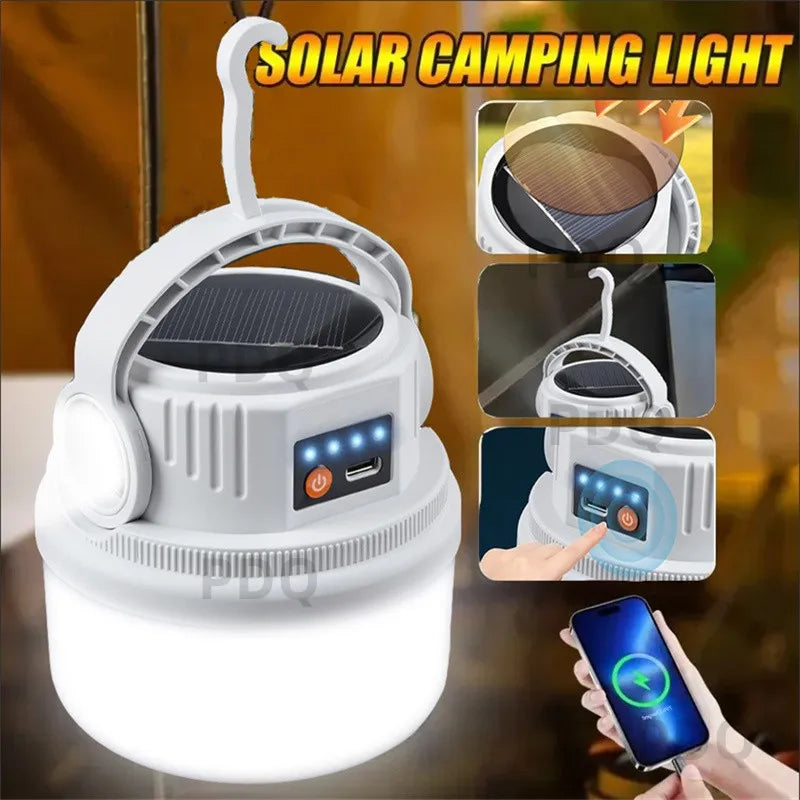 Lampe solaire de camping multifonction étanche – USB-C, LED d’ambiance avec crochet