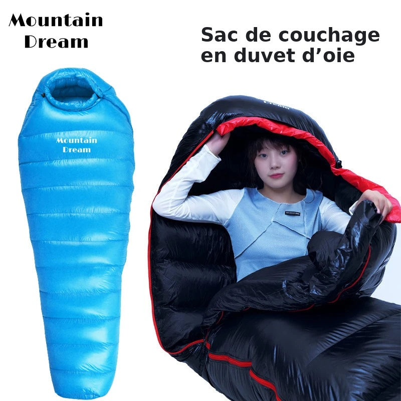 Sac de couchage momie en duvet d’oie de marque Mountain Dream.