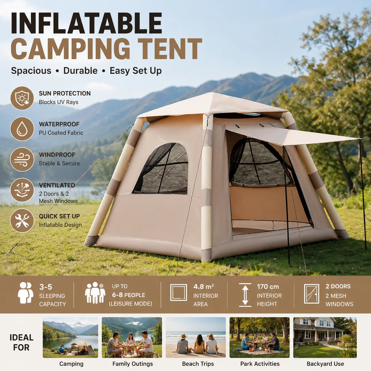 Tente Gonflable Familiale 3–5 Personnes – Pompe Incluse, Imperméable & Anti-UV UPF 50+