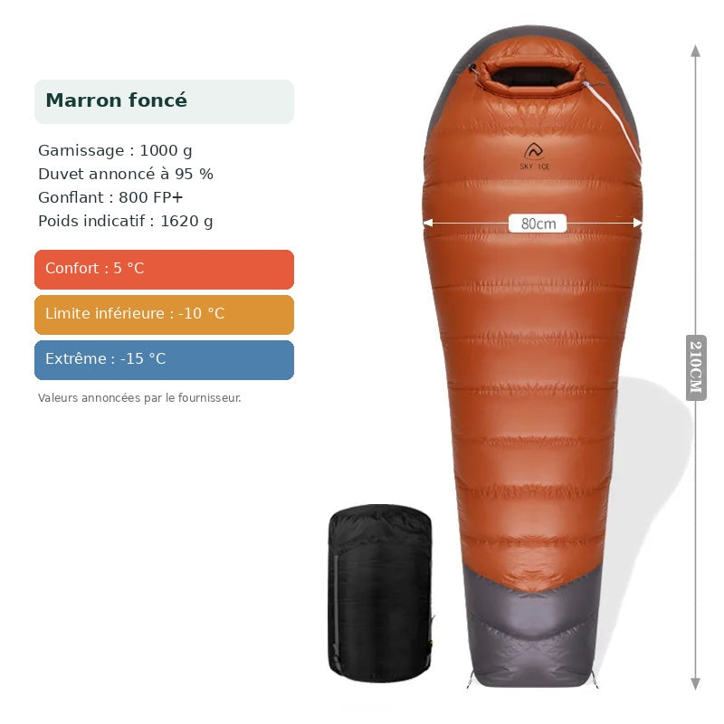 Sac de couchage marron foncé, duvet d’oie 1000 g, gonflant annoncé 800 FP+, poids indicatif 1620 g.