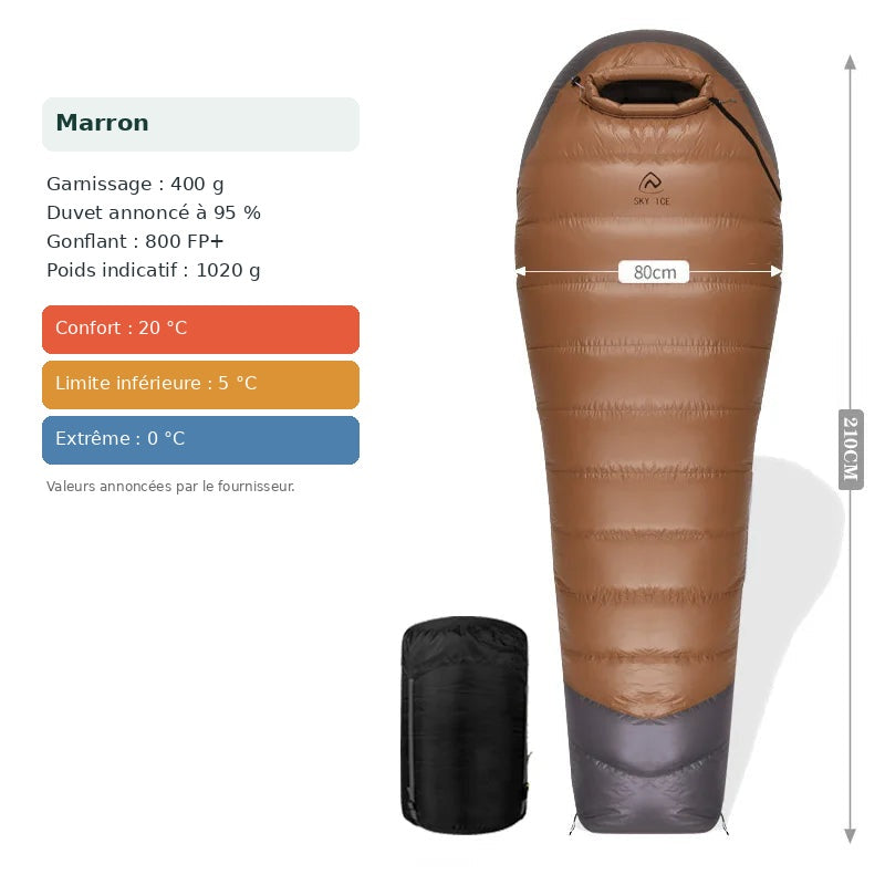 Sac de couchage marron, duvet d’oie 400 g, gonflant annoncé 800 FP+, poids indicatif 1020 g.