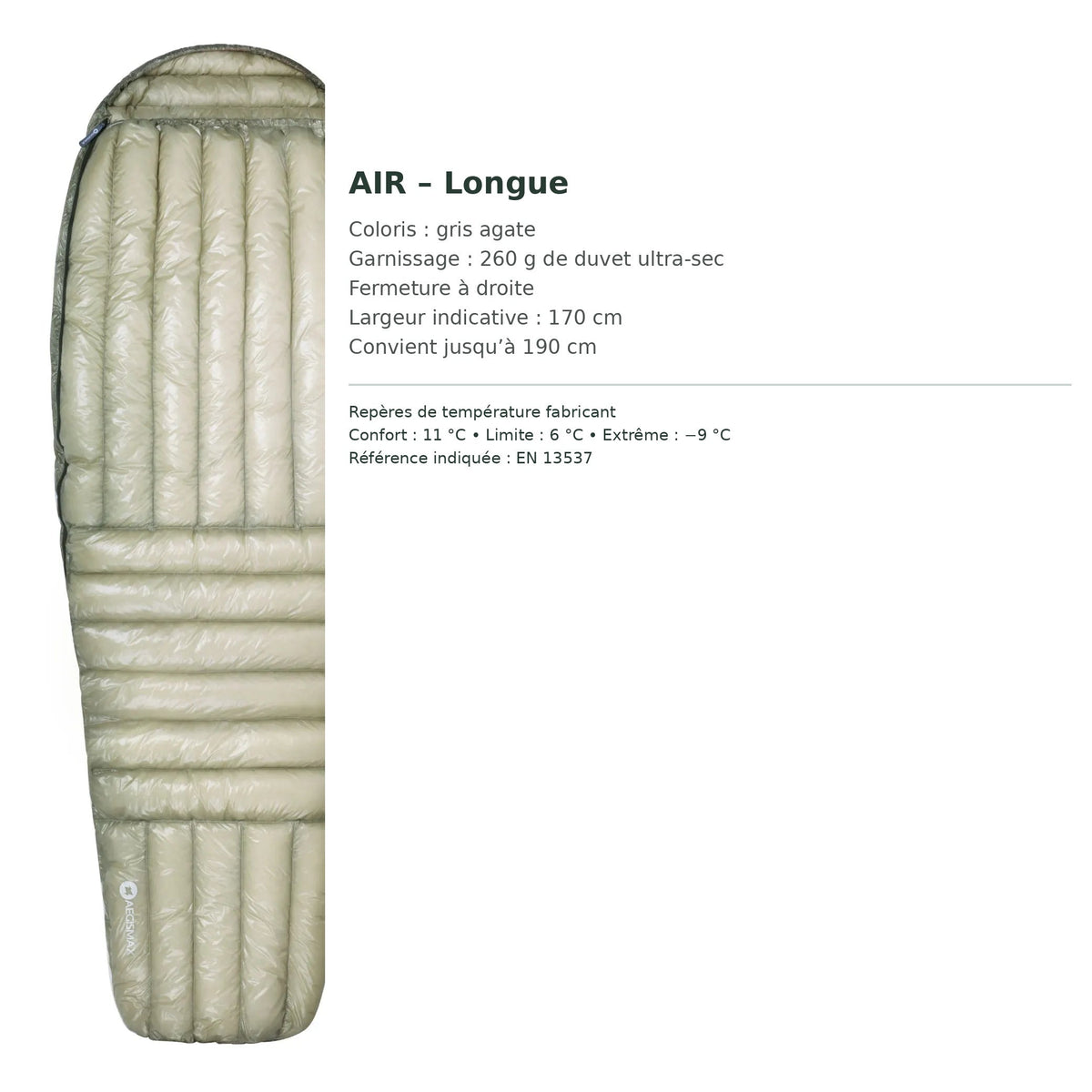 Sac AEGISMAX AIR long : duvet ultra-sec 260 g, fermeture à droite, taille et températures en français.