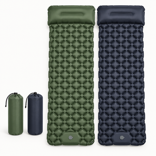 Matelas de camping gonflable vert et bleu avec sacs de transport