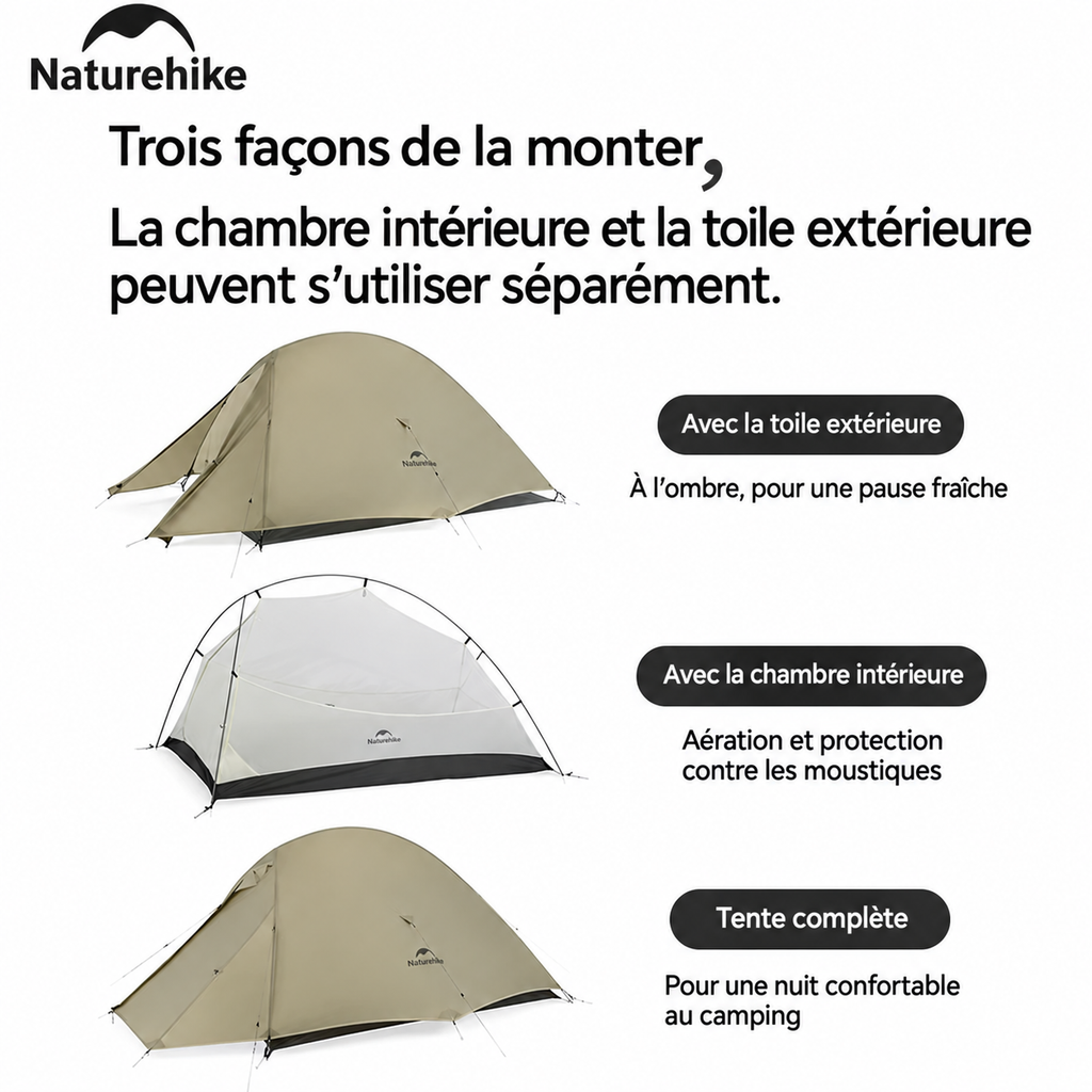 Trois modes de montage pour la tente Cloud Up Pro : toile extérieure, chambre intérieure ou tente complète