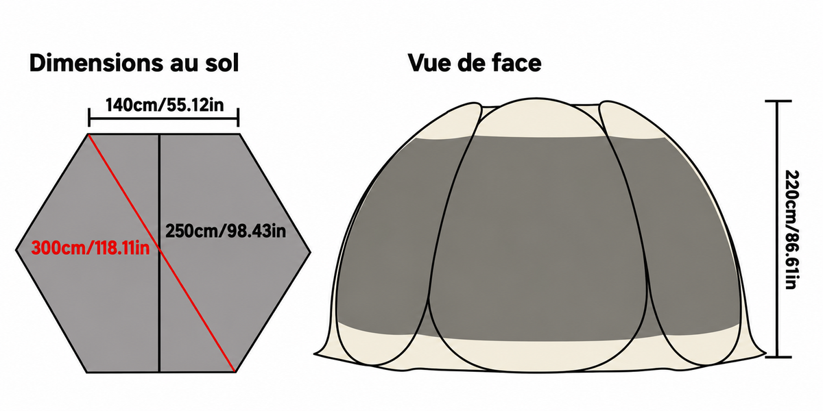 Dimensions au sol et vue de face de la tente