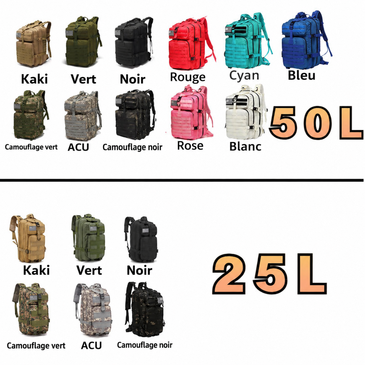 Coloris et capacités du sac à dos, 25 l et 50 l