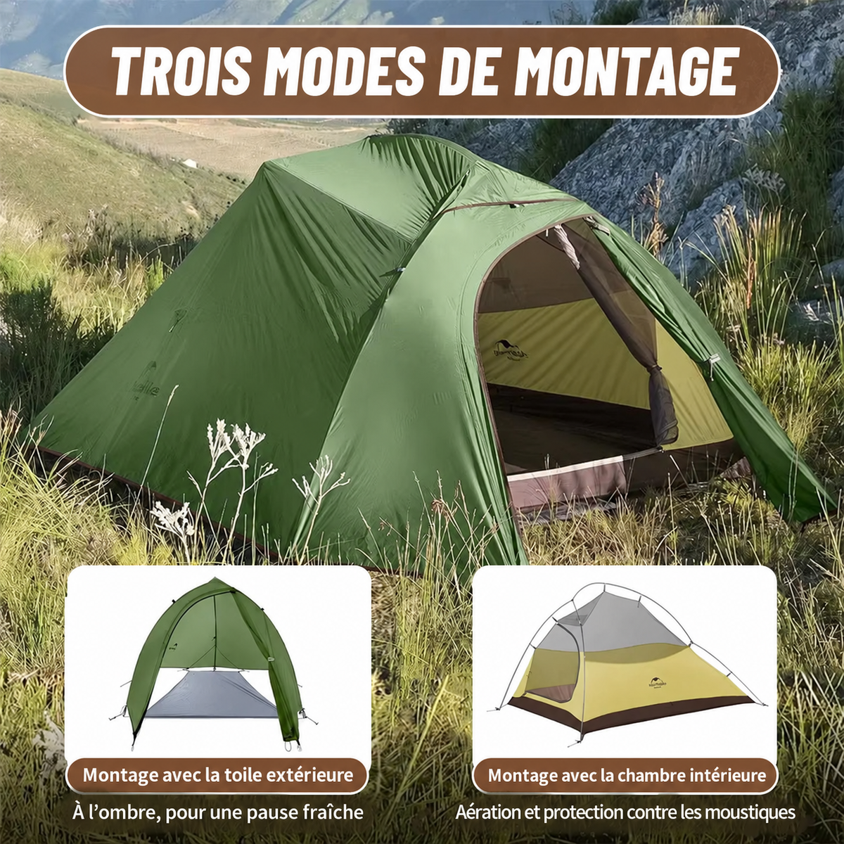 Tente Naturehike Cloud Up avec trois modes de montage