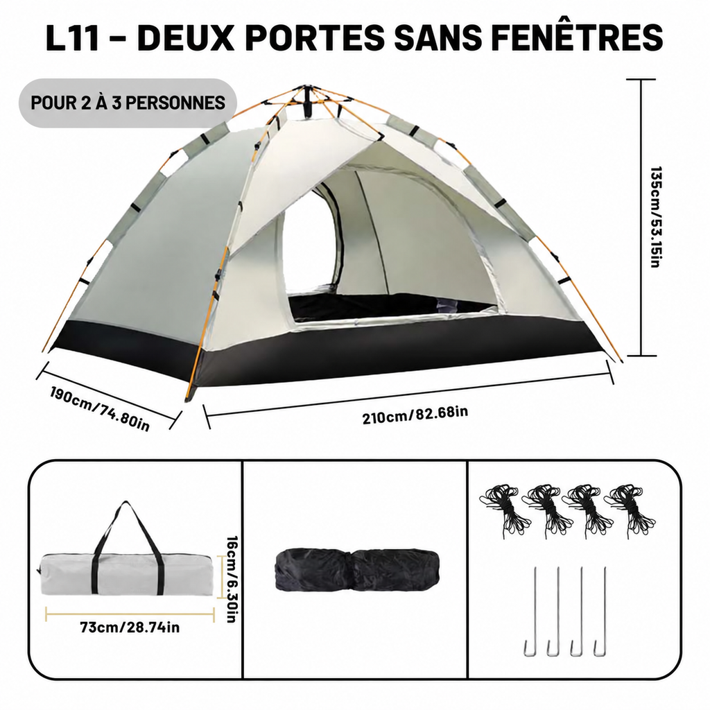 Tente L11 à deux portes, sans fenêtres, pour 2 à 3 personnes