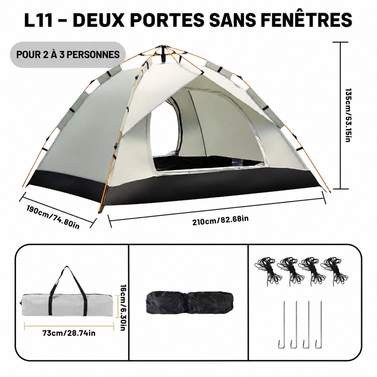 Tente L11 à deux portes, sans fenêtres, pour 2 à 3 personnes