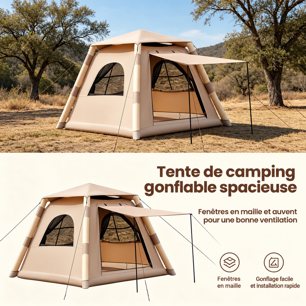 Tente gonflable spacieuse avec fenêtres en maille et auvent