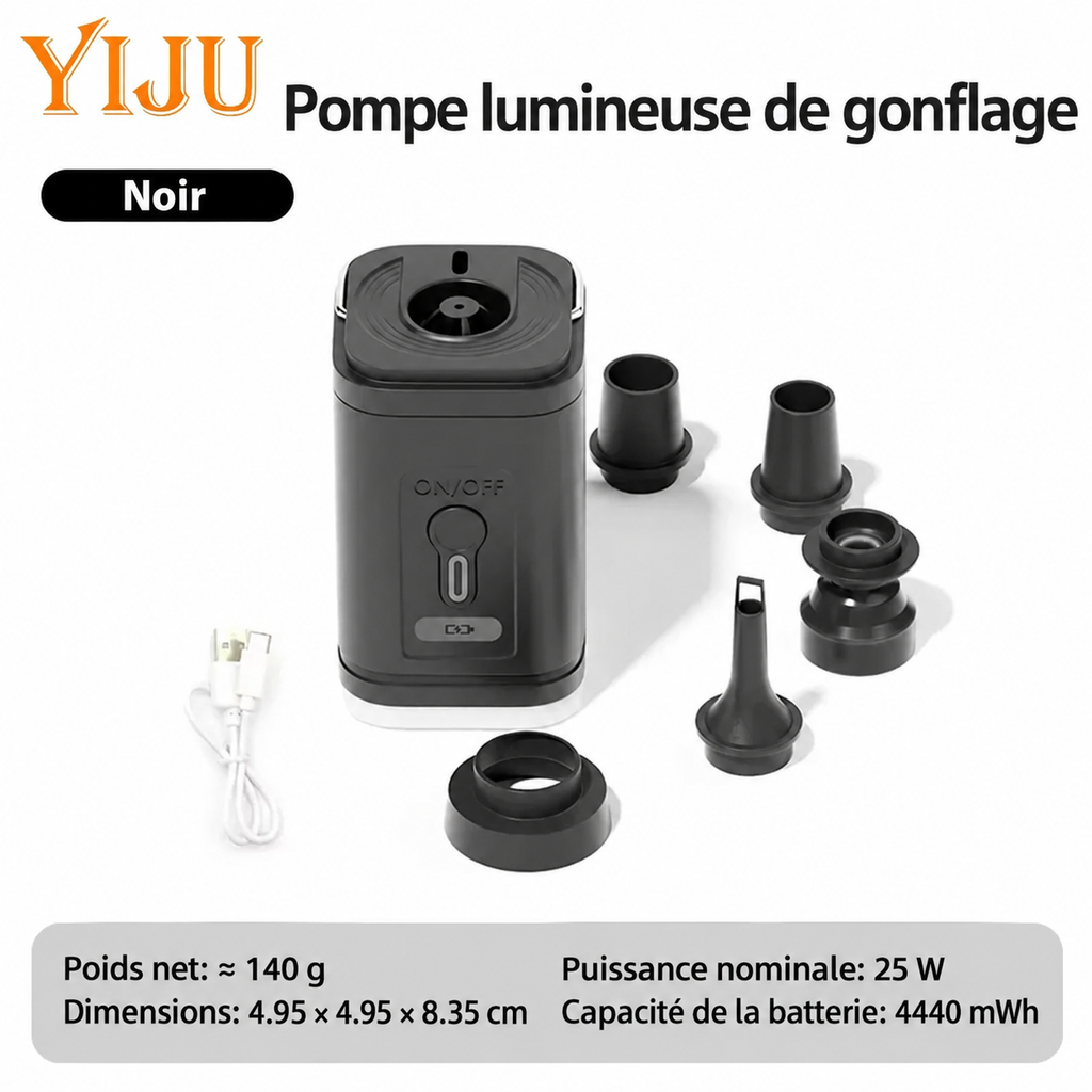 Caractéristiques de la pompe lumineuse YIJU : 140 g, 25 W, batterie 4 440 mWh
