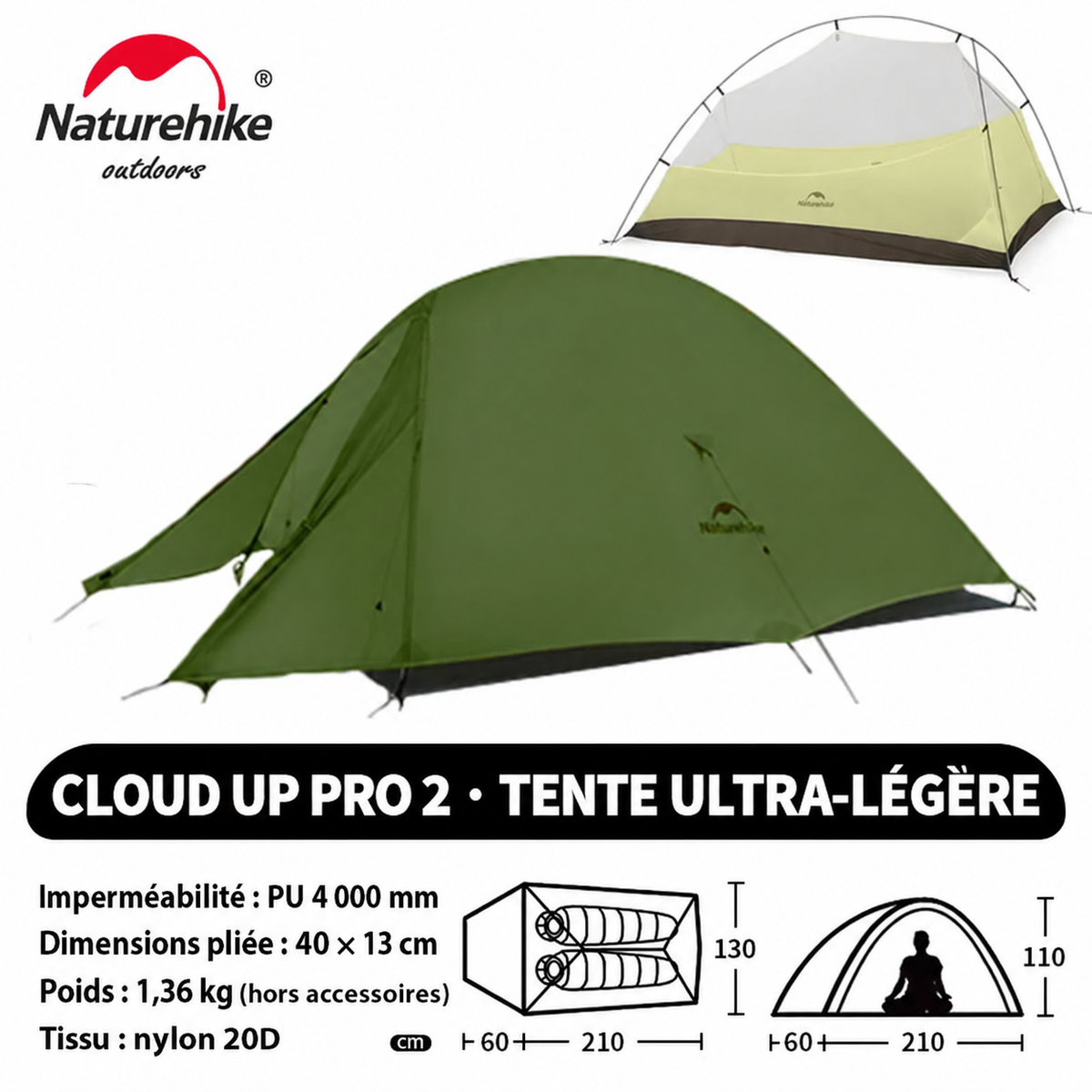 Tente Cloud Up Pro 2, nylon 20D, poids 1,36 kg