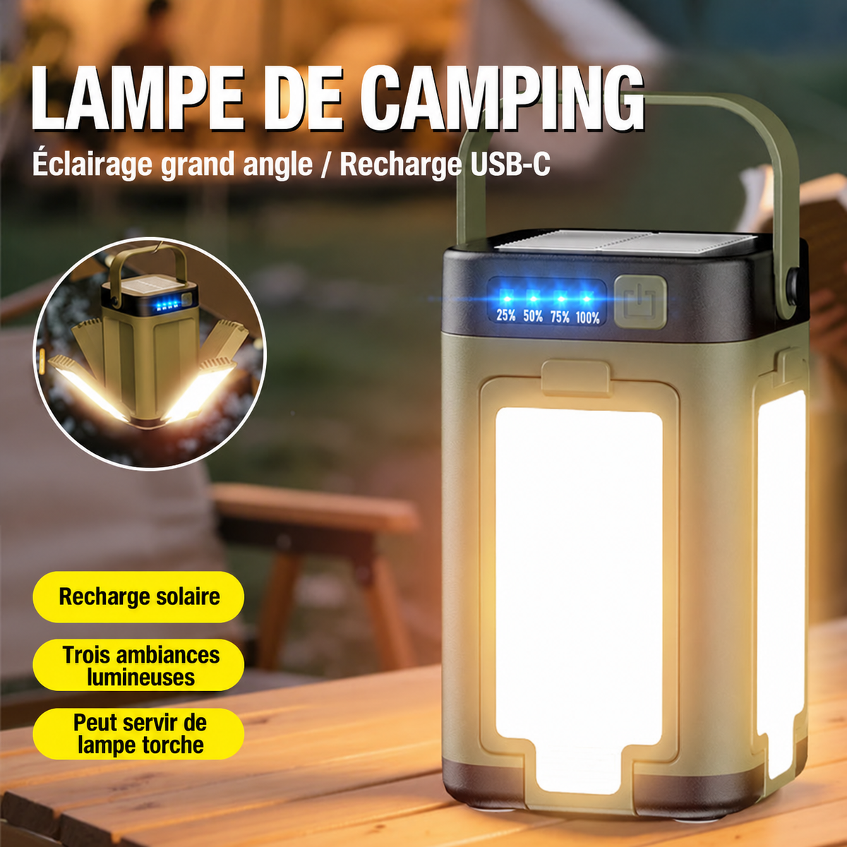 Lampe de camping avec recharge USB-C, recharge solaire et trois ambiances lumineuses