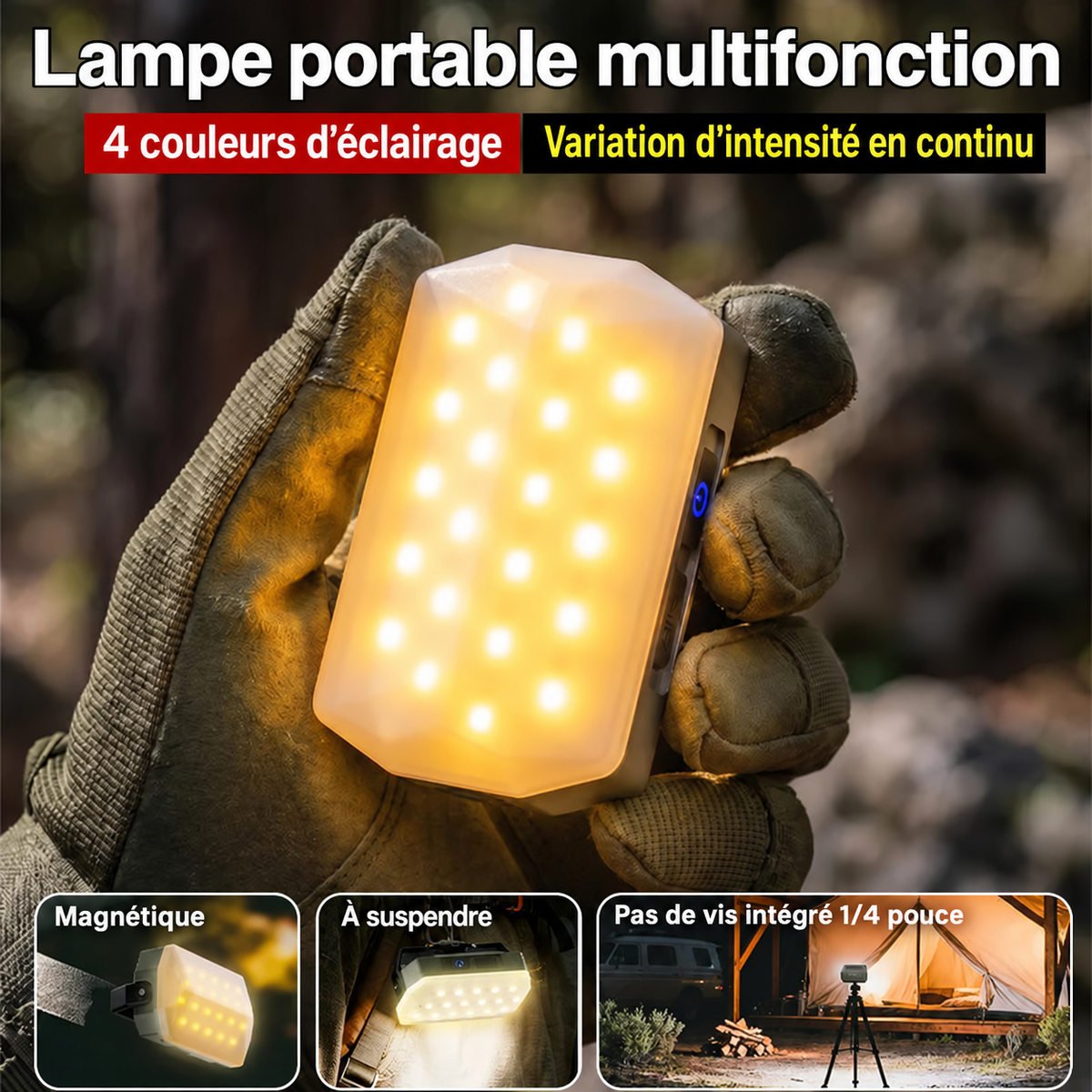 Lampe portable multifonction avec quatre couleurs, variation d’intensité, aimant et fixation