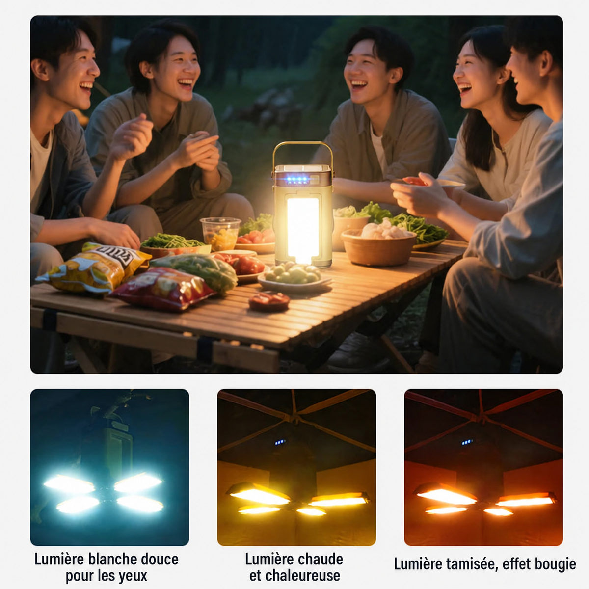 Trois modes d’éclairage de la lanterne : lumière blanche, lumière chaude et effet bougie