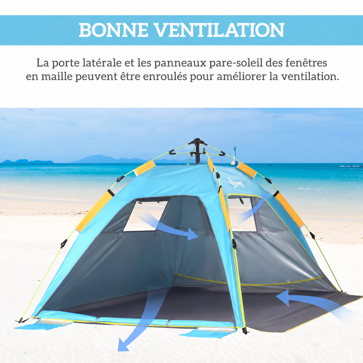 Ventilation de la tente de plage grâce à sa porte et ses fenêtres en maille enroulables