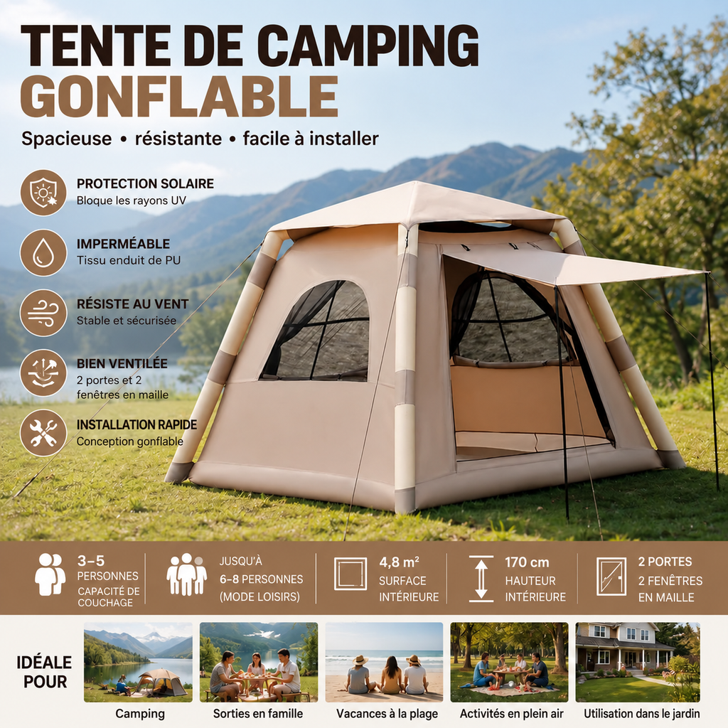 Tente de camping gonflable spacieuse, résistante et facile à installer