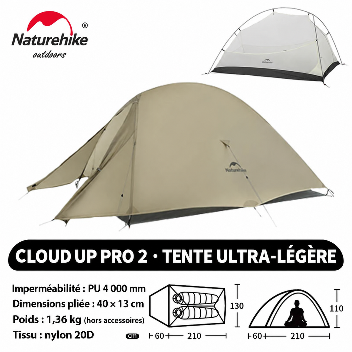 Tente Cloud Up Pro 2, nylon 20D, poids 1,36 kg