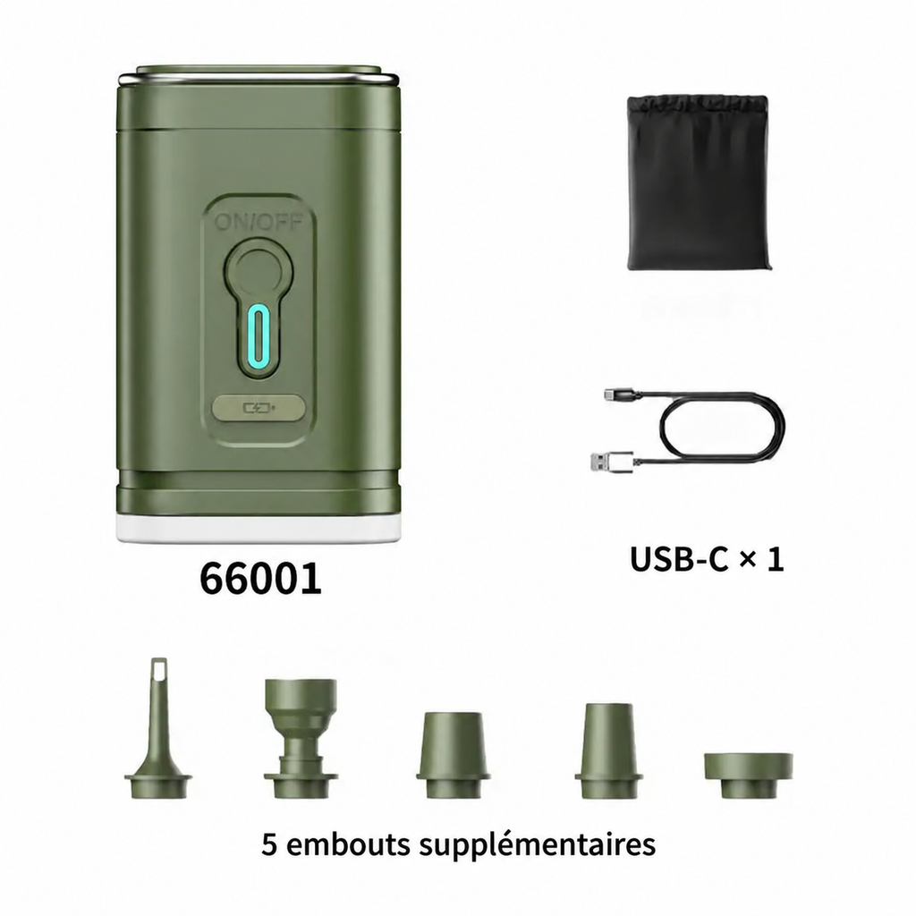 Pompe modèle 66001 avec câble USB-C et cinq embouts supplémentaires