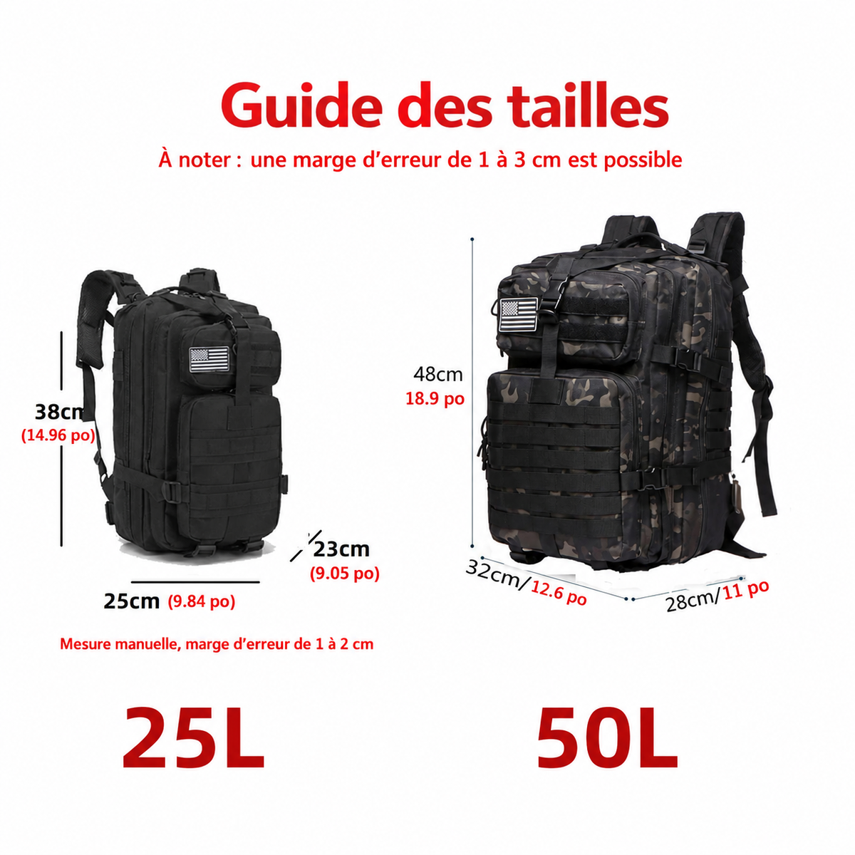 Guide des tailles du sac à dos 25 l et 50 l