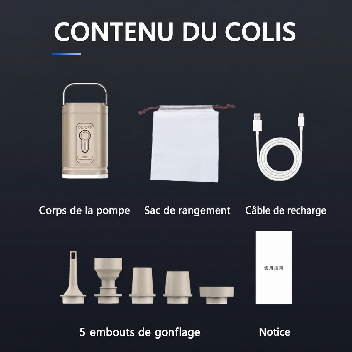 Contenu du colis de la pompe : câble, sac, cinq embouts et notice