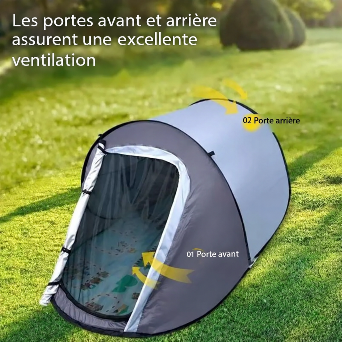 Tente pop-up avec portes avant et arrière pour une excellente ventilation