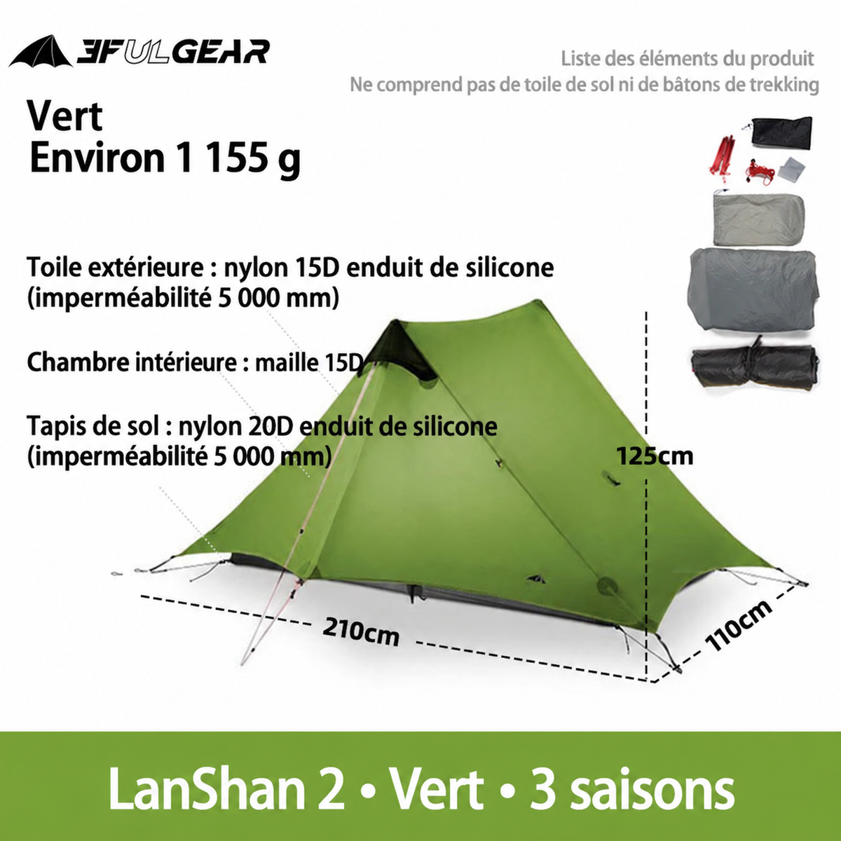 Tente LanShan 2 verte, 3 saisons, nylon enduit de silicone