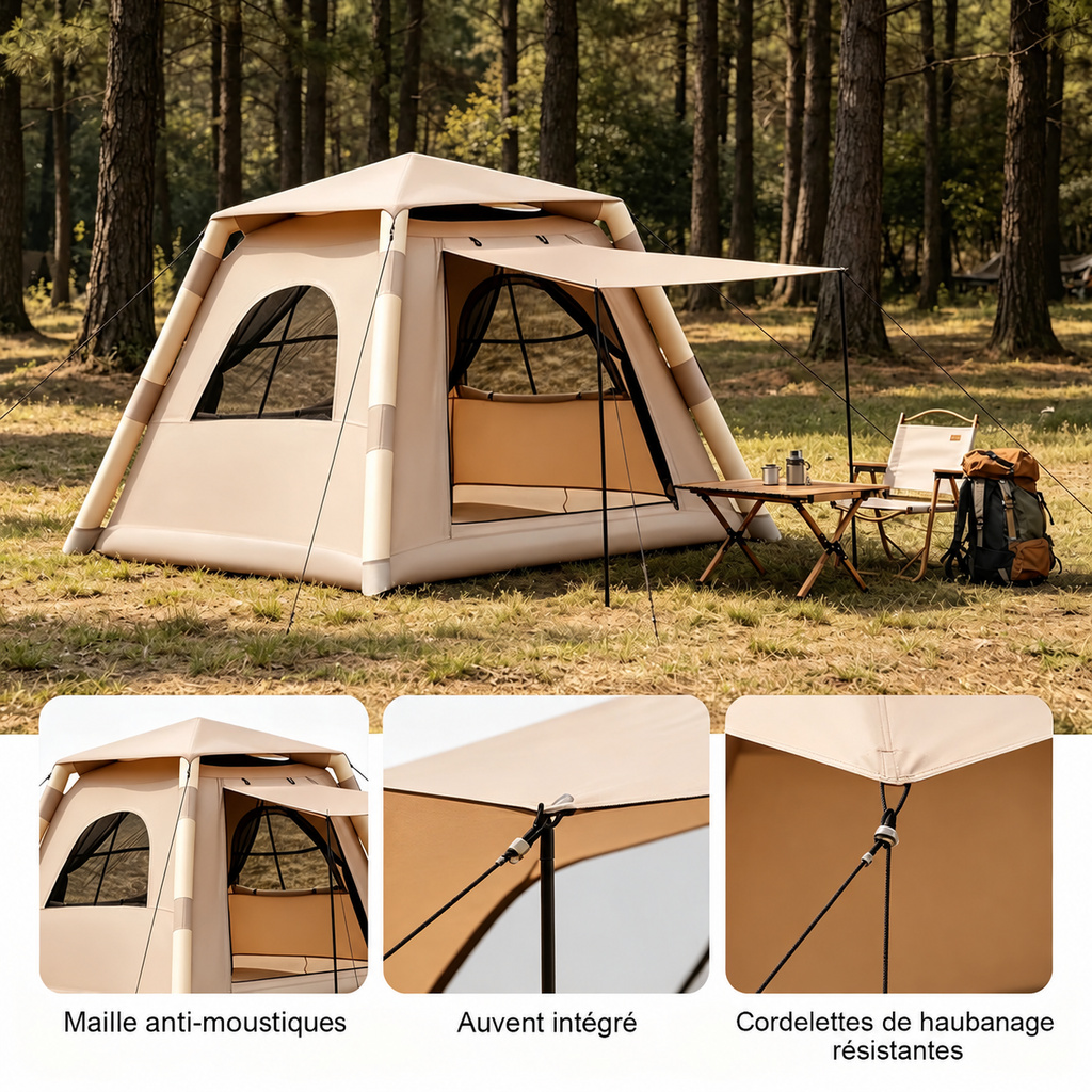 Tente gonflable avec maille anti-moustiques, auvent et haubans