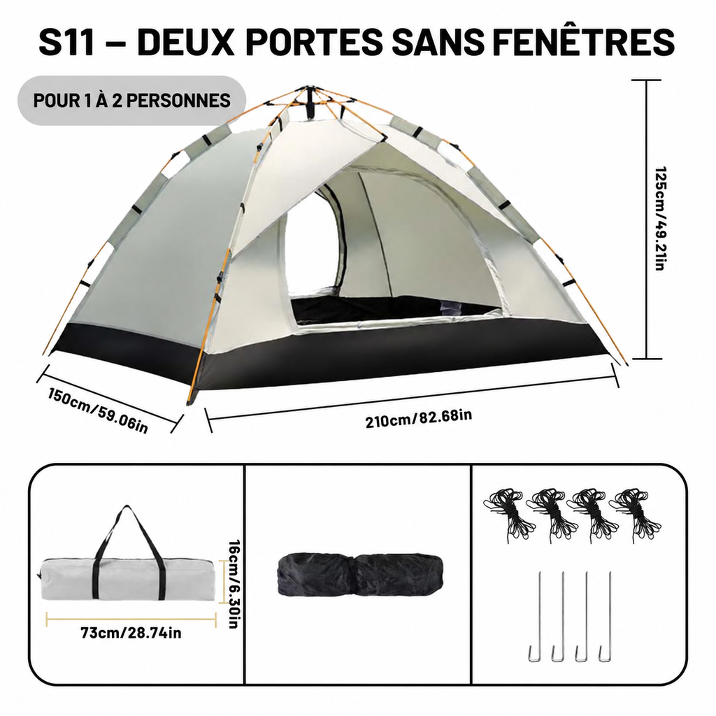 Tente S11 à deux portes, sans fenêtres, pour 1 à 2 personnes