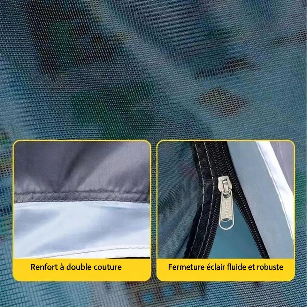 Détails de la tente : renfort à double couture et fermeture éclair fluide et robuste
