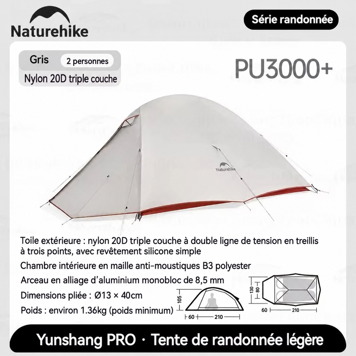 Tente Cloud Up Pro grise, 2 personnes, imperméabilité PU 3 000+ mm