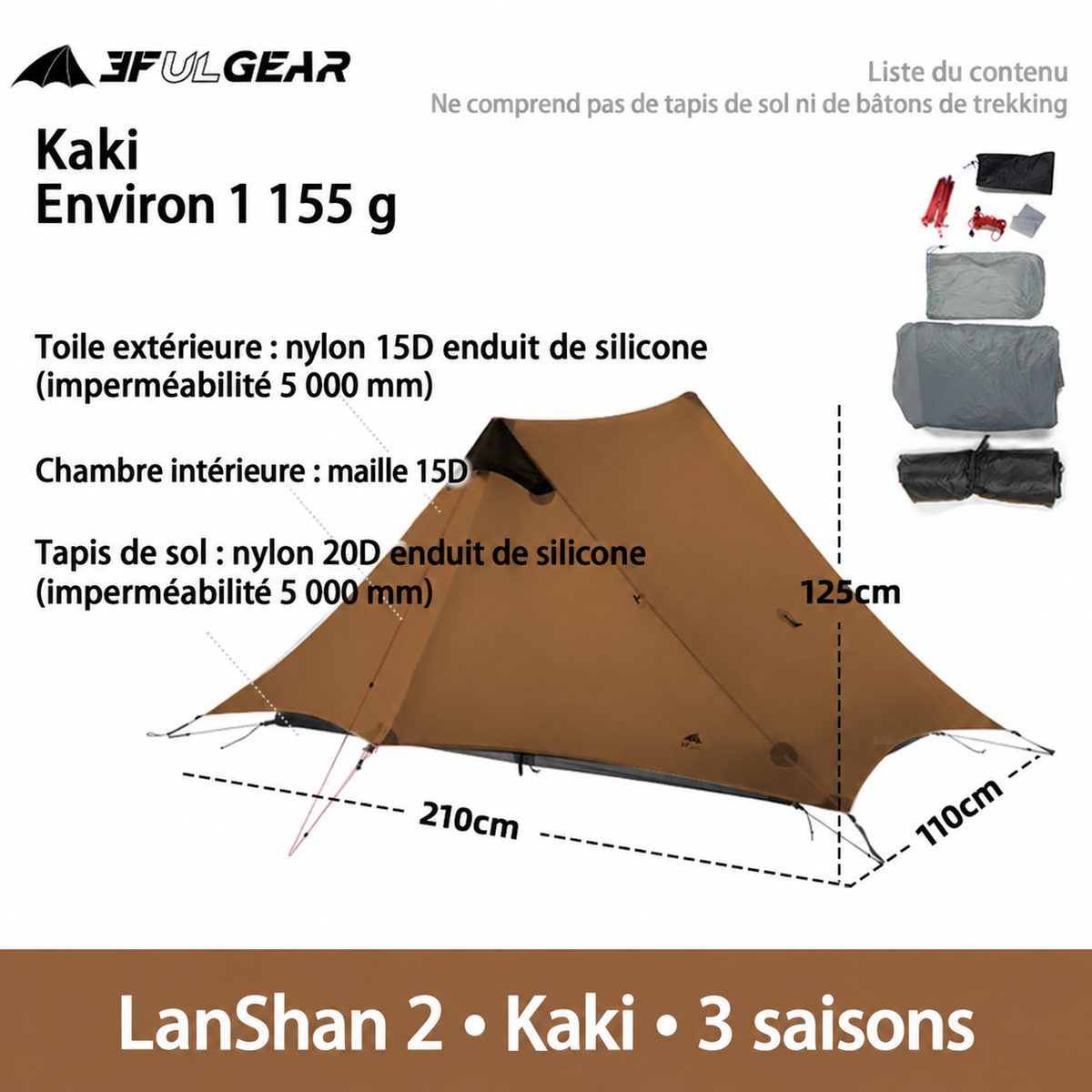 Tente LanShan 2 kaki, 3 saisons, nylon enduit de silicone